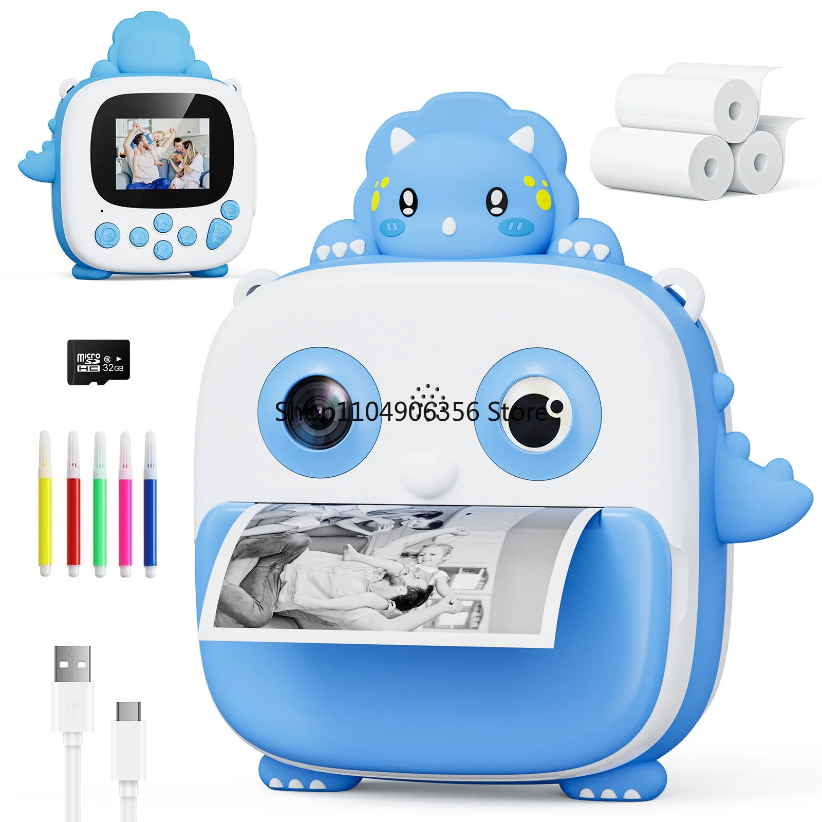 

Blue Cute Unicorn Children Digital Toys 2Inch Screen 1080P 16X Zoom Fun Stickers HD Multifunction Kids Instant Printing Camera