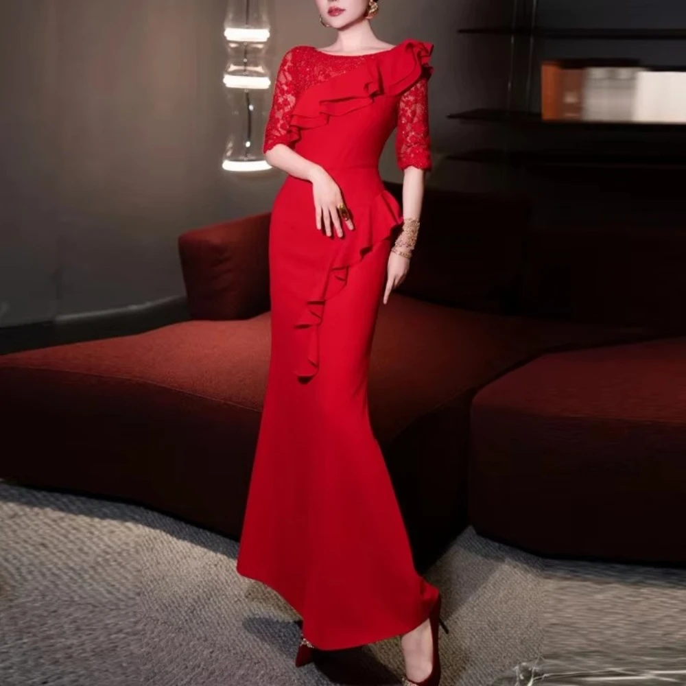 

Elegant Lace Short Sleeves Evening Dresses Sexy Celebrity Long Dress Exquisite High Quality Prom Party Gown for Women Customized