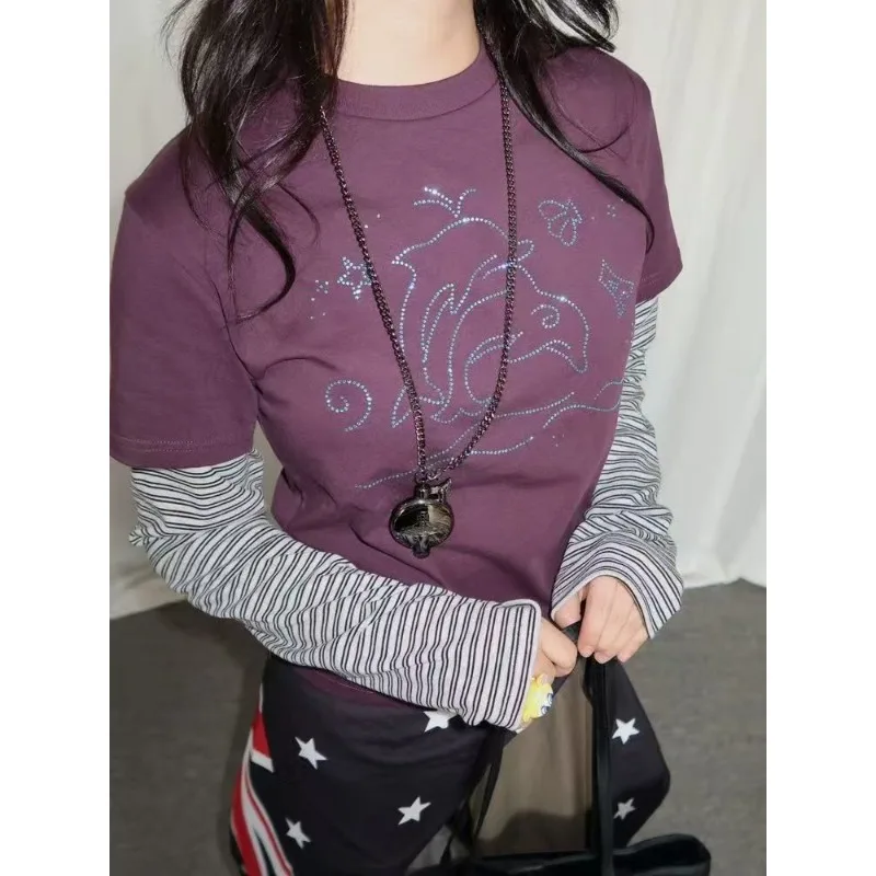 

American Retro Striped Patchwork Tshirt Punk Subculture Fake Two T-shirts Harajuku Graphic Printed Tees Women's Gothic Chic Tops