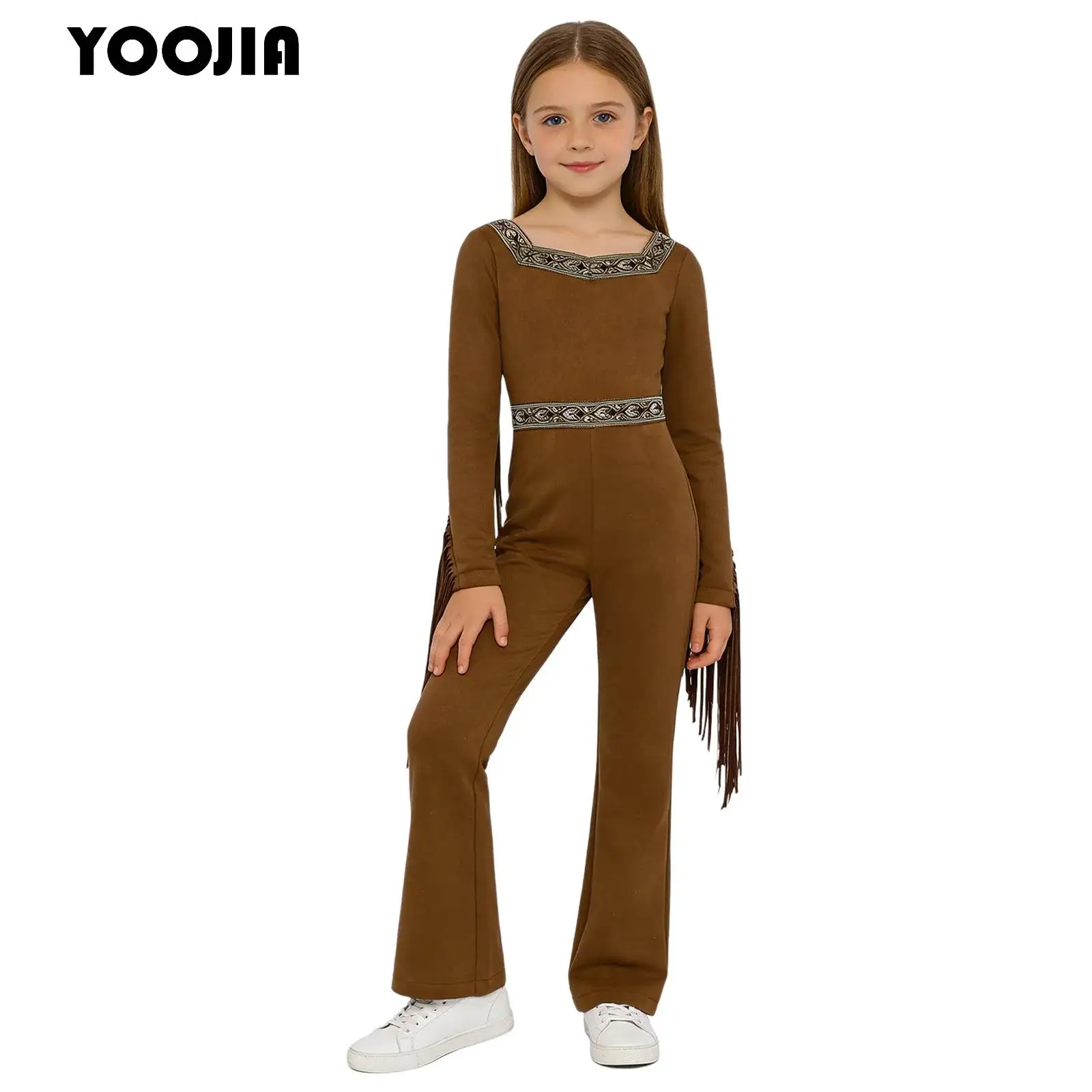 

Girls Native Indian Costume Indians Princess Caveman Savage Outfit Unique Pattern Fringed Long Sleeve Zipper Cowgirl Jumpsuit
