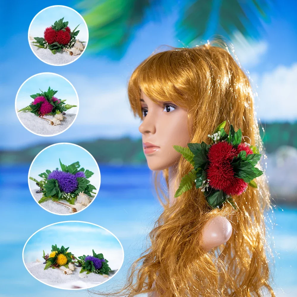 

20CM 2Colors Plastic 4-Lehua Hair Clip W Fern Leaves for Hawaiian Hula Dancer Casual Wedding Party Accessories