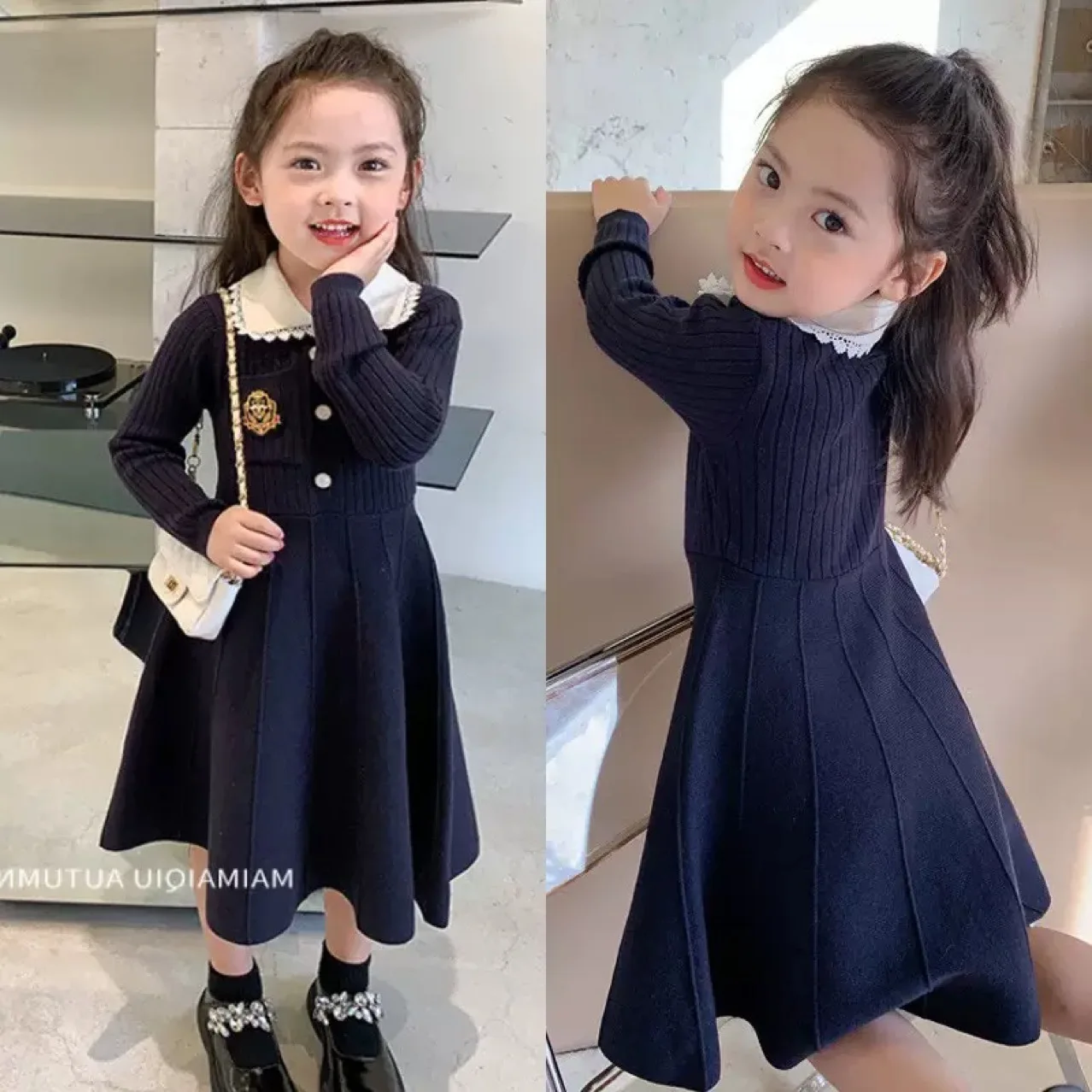 

Весенне-осеннее трикотажное платье для девочек в стиле преппи с кружевом, отложным воротником, длинными рукавами и оборками, школьный комбинезон-юбка, детский наряд, 1-12 лет