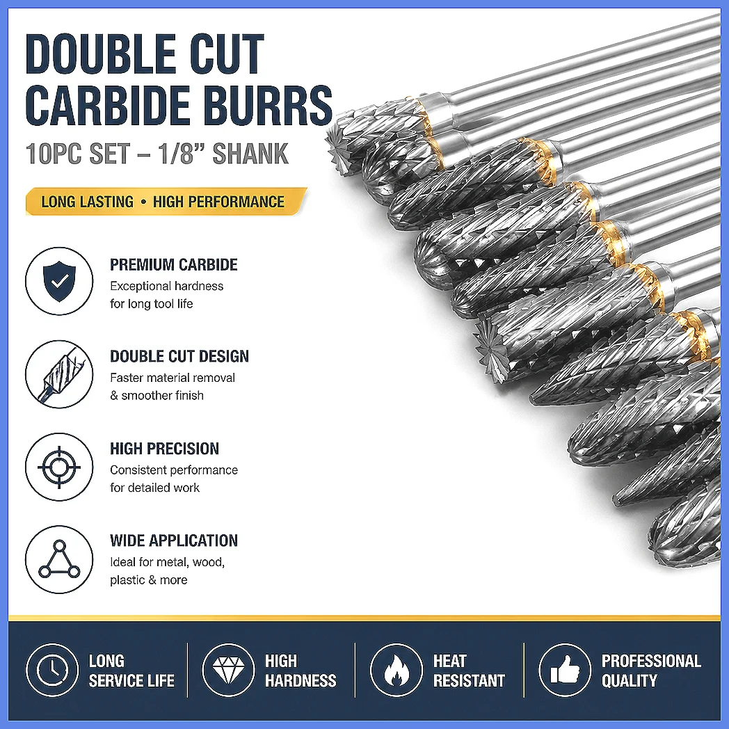 Carbide Rotary Burr Set 10PCS Double Cut Tungsten Carving Bits 1/8" Shank 1/4" Head for Grinding, Polishing, Engraving, DIY W