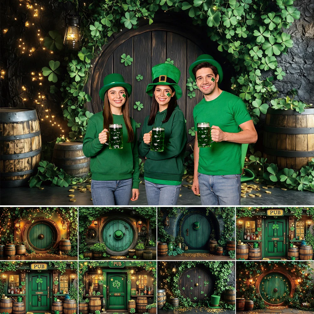 Happy St. Patrick’s Day Photography Backdrop Irish Pub Shamrocks Wood Barrel Adult Party Photo Booth Studio Background Props