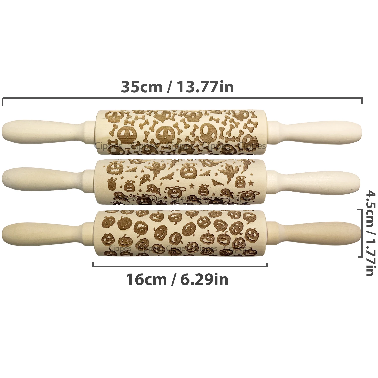 Halloween Rolling Pin with Pumpkin Skull Ghost, Wooden Embossed 3D Cookie Mold Laser Engraved DIY Baking Tools Dough Roller