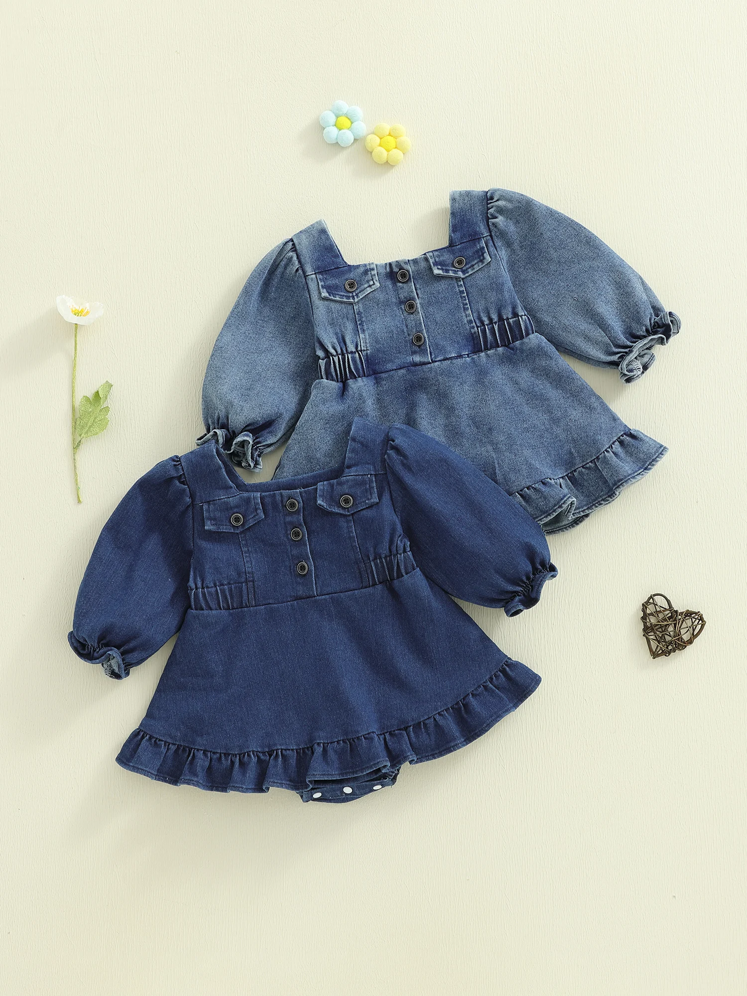 

Adorable Toddler Girl Jumpsuit Outfit Autumn Round Neck Plain Ruffle Sleeve Cotton Blend Playsuit Dress