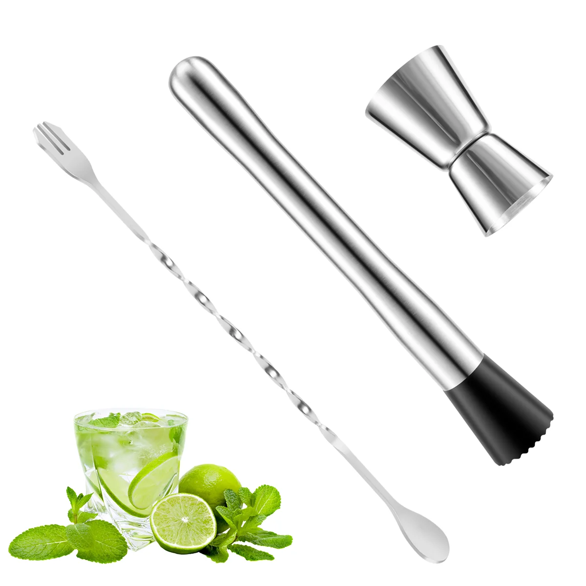 Stainless Steel Cocktail Muddler, Mixing Spoon, Jigger Set, Bar Tool set for Bar Party Wine Cocktail Drink Shaker