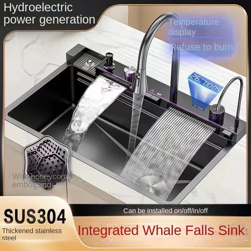 304 Stainless Steel Waterfall Kitchen Sink Large Single Slot Integrated Digital Display Faucet Set Soap Dispenser Cup Washer