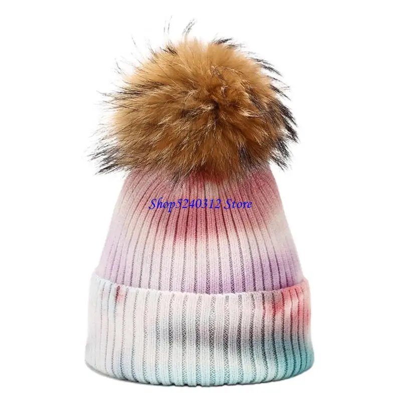 634C Women Men Winter Warm Ribbed Knitted Beanie Hat with Detachable Gradient Tie-Dye Print Harajuku Windproof Cap
