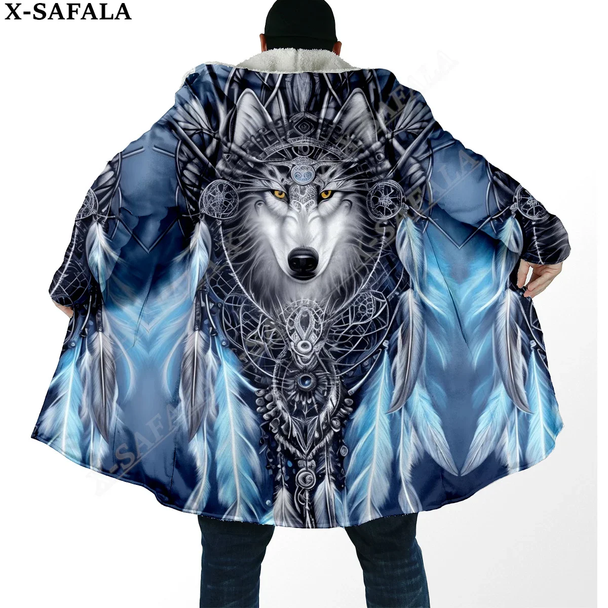 

Native Dream Catcher Wolf Art Moon 3D Print Dream Cloak Thick Warm Hooded Men Overcoat Coat Windproof Fleece Cape Robe Blanket-1