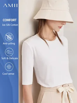 AMII Minimalism 2025 여성용 여름 티셔츠 새로운 코튼 스트레치 하프 슬리브 스트레이트 솔리드 기본 Office Lady Tops 12412016