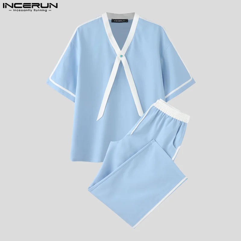 

INCERUN Мужские комплекты в стиле пэчворк, летние свободные футболки с короткими рукавами и брюки, комплекты из двух предметов, уличная одежда, модные мужские повседневные костюмы 2025 года