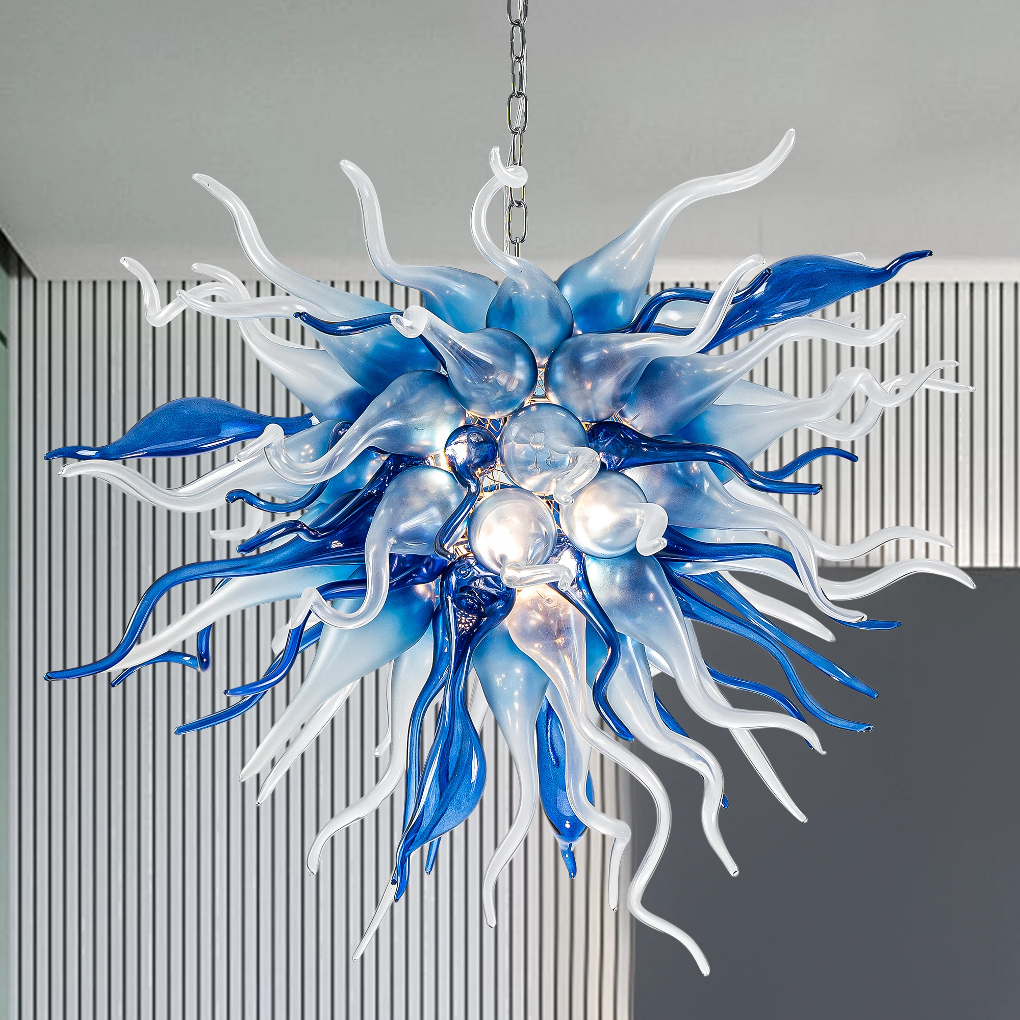 LONGREE Luxury Blue Chandeliers Handmade Blown Glass Ceiling Lights Hanging Lamps for Home