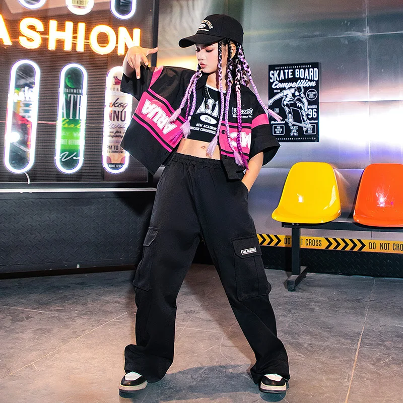 Hip Hop Clothes Girl Fashion Cool Letter Print Patchwork Jacket Motorcycle Wear Loose Casual Jogger Pant 2pcs Dance Costume Kids