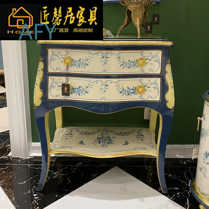 French Style Chinese Art Wooden Side Table with Gold Leaf Accents Hand Painted Blue and White Floral Pattern for Sofa Living