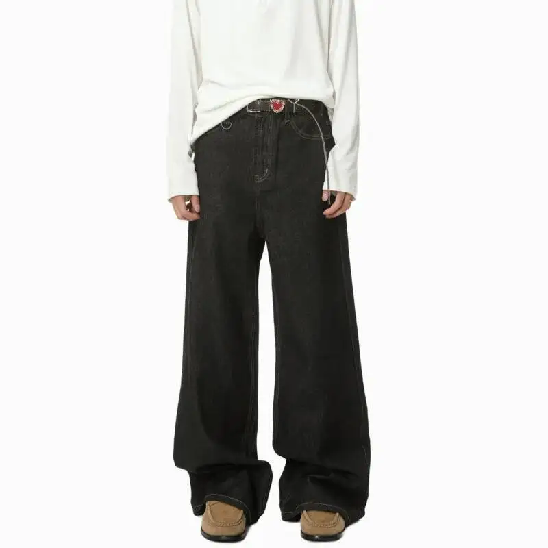 2025年秋 ハイストリート メンズ デニムパンツ 無地 ウォッシュ加工 ルーズ ワイドレッグ トラウザーズ ストレート ルーズ 男性用ジーンズ トレンド