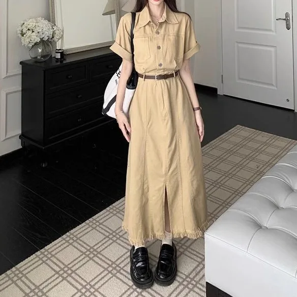 Neues Design Japan Stil Frauen Chic Korea Basic Wear Casual Robe feste Taschen Vintage lange Knopf Hemd Kleid Gürtel Vestidos