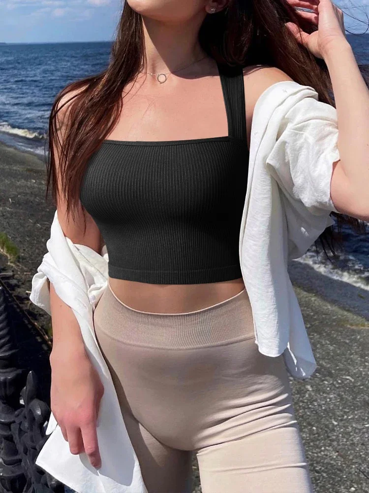 CZGUKE2025 T-shirt basic casual nera sportiva da donna bianca senza maniche estiva con scollo quadrato e spalle scoperte