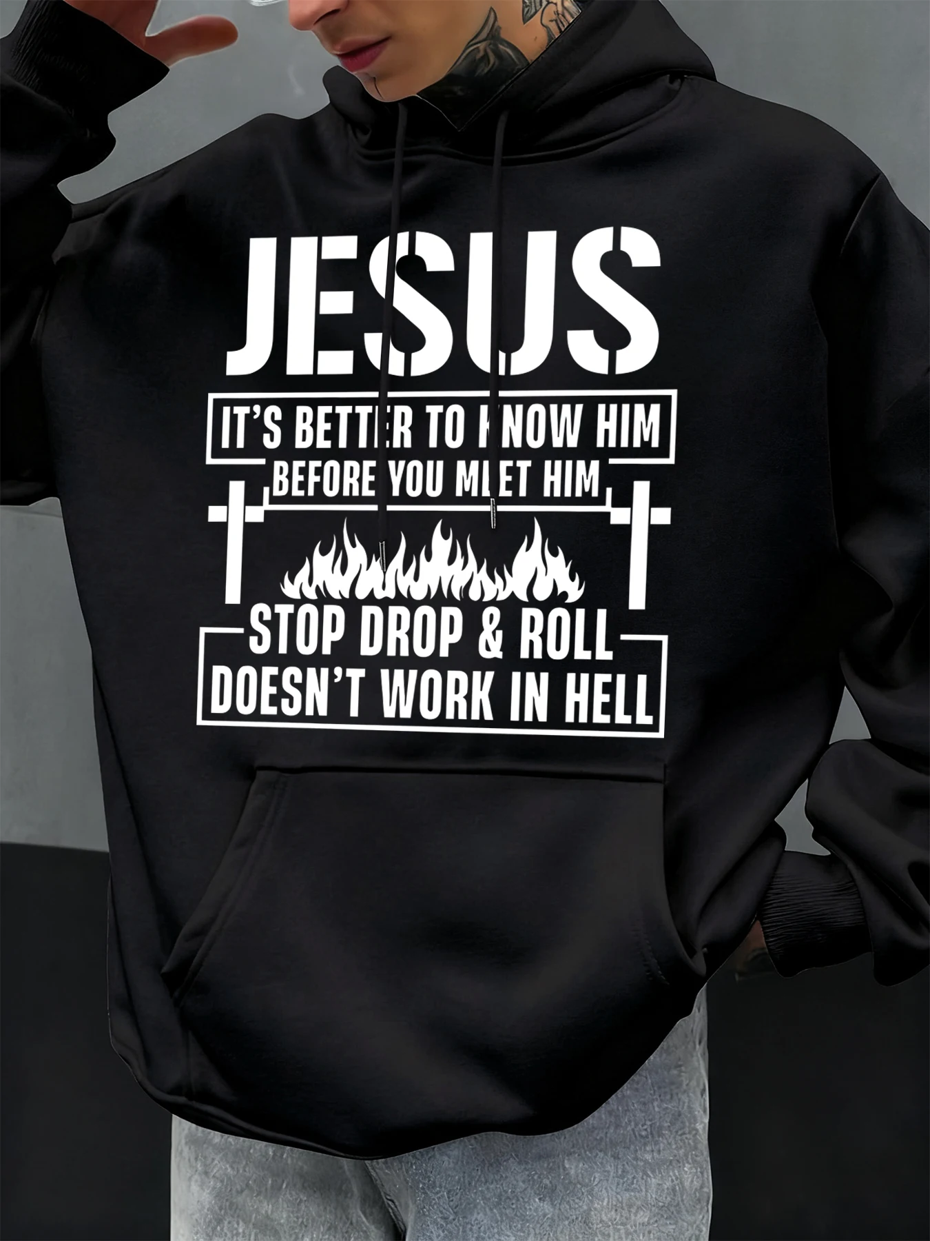 Men Hoodie Jesus Letter Cross Flame Graphic Print Pullover Hooded Sweatshirt Autumn Winter Long Sleeve Casual Streetwear Tops