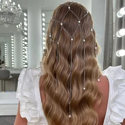 Bridal Mesh Tassel Hair Chain Headband Wedding Dress Accessories Fashion Indian Lady Imitation Pearl Headpiece Hat Wig Jewelry