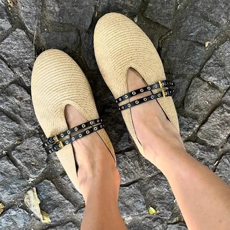 Concise Espadrille Shoes For Women Buckle Strap Round Toe Flat Shallow Female Shoes Designer New Brand Leisure Weave Ballet Shoe