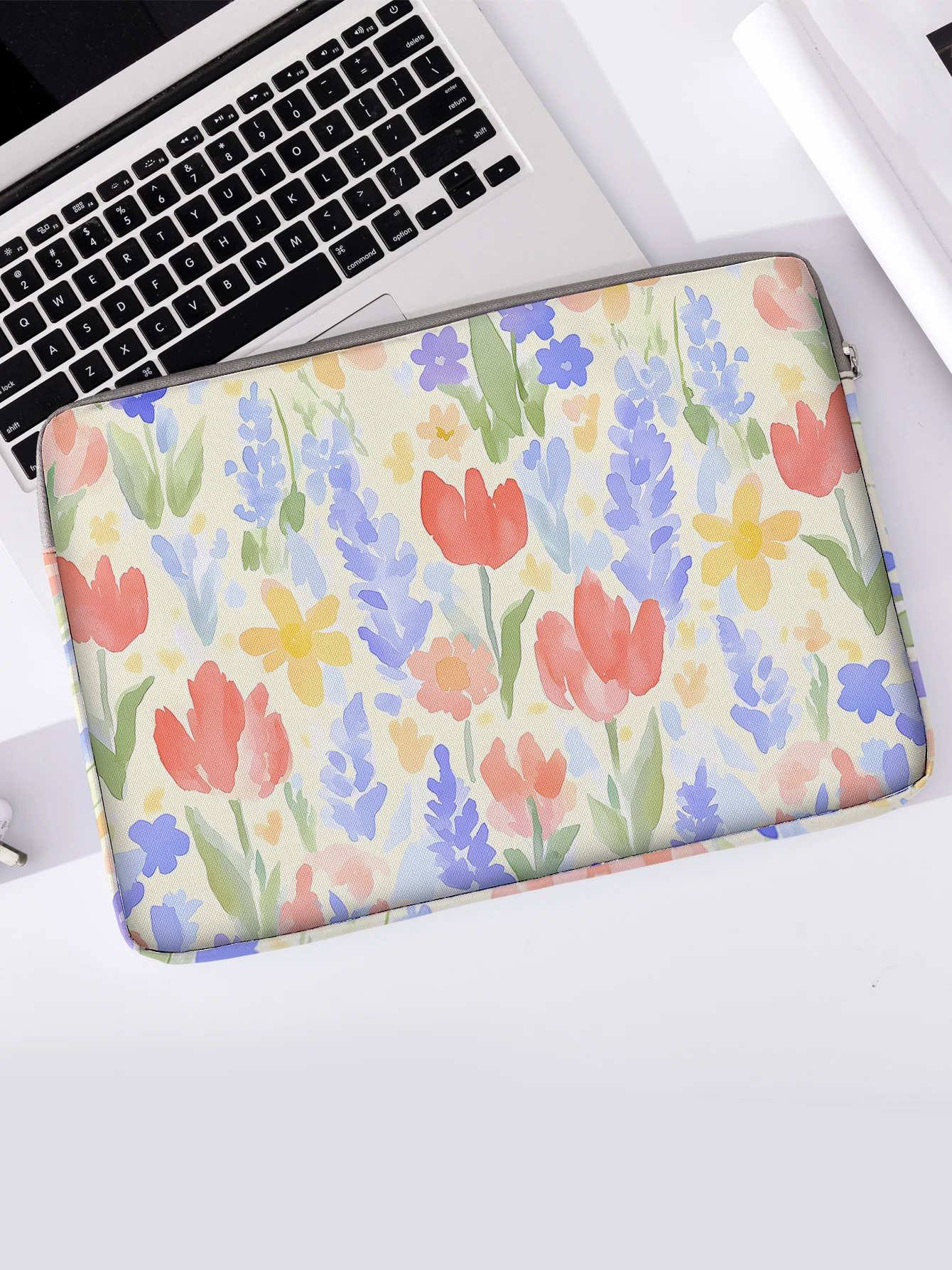 One Set, Two Styles, Colorful Watercolor Floral Printed Laptop Sleeve, Briefcase, Suitable for 14-inch Laptops