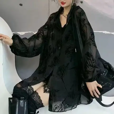 여름 유행 몰려 들고 Drawstring 후드 선 스크린 셔츠 여성을위한 얇은 느슨한 메쉬 까마귀 탑