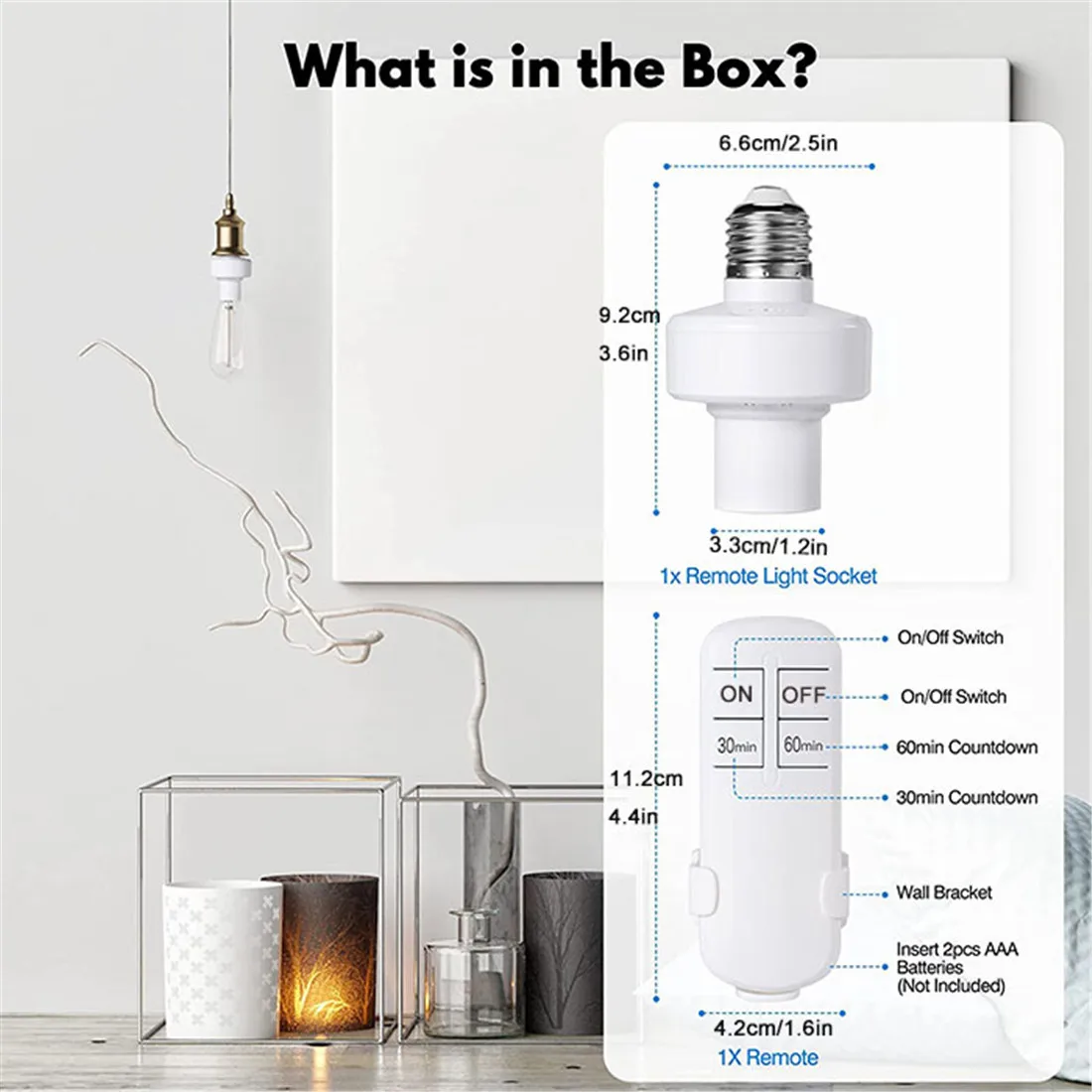 Wireless Remote Control Light Socket 30/60mins Timing Screw in E26/E27 Bulb Holder Smart Base for Closet, Basement, Attic,Stair