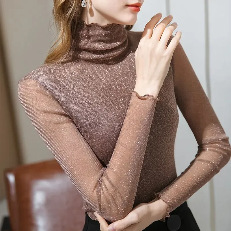 Black Top Female Turtleneck Mesh Slim Fine Sparkle Women\'s Long Sleeve T-shirt 90s Vintage Harajuku Fashion Japanese Clothes Tee