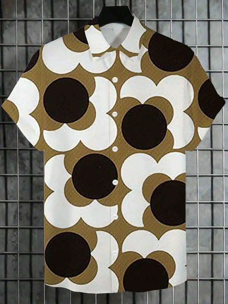 

Retro Abstract Geometric Floral Print Short Sleeve Casual Button Up Men Shirt Summer Hawaiian Style