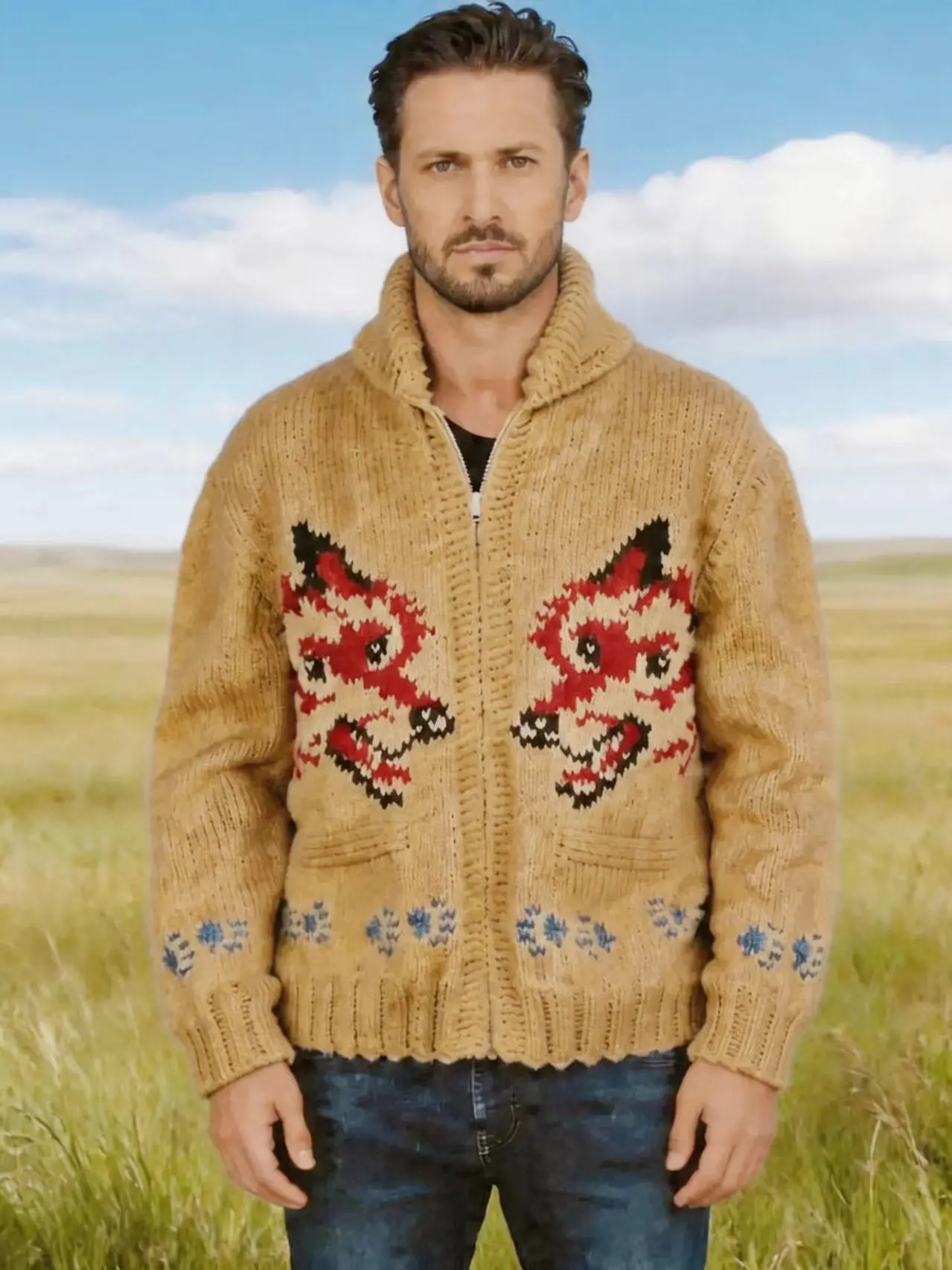 Men's Fox Plaid Knitted Sweater Blazer for Spring 2026 - Thick Knit with Zipper Closure Loose and Comfortable Style