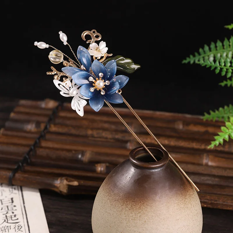 Luxury Hair Clip Blue Flower Hairpin Pearl Long Tassel Hair Stick Chopstick Chinese Hanfu Hair Accessories Vintage Jewelry Sets