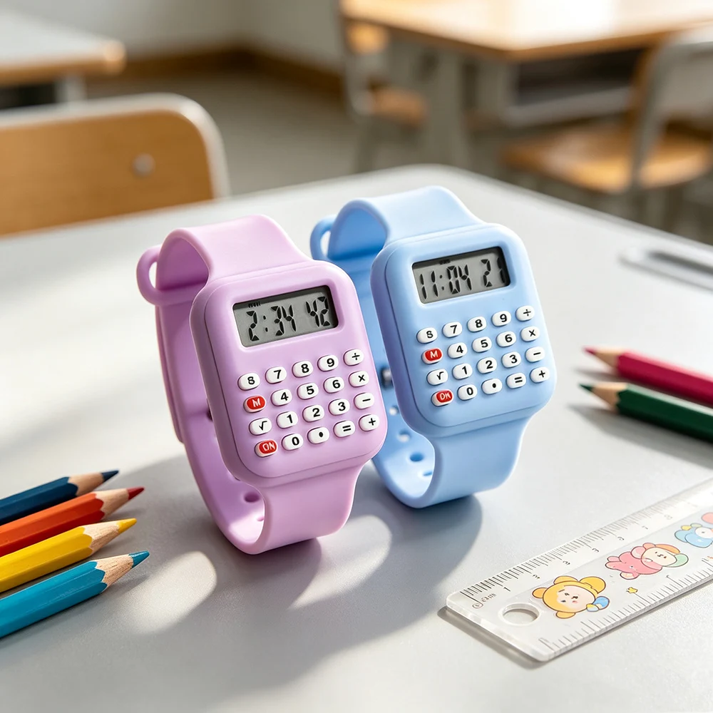 6pcs Rubber Strap Kids Watches with Calculator Student Girl Wristwatch Show Time and Date Digital Clock Kids Back to School Gift