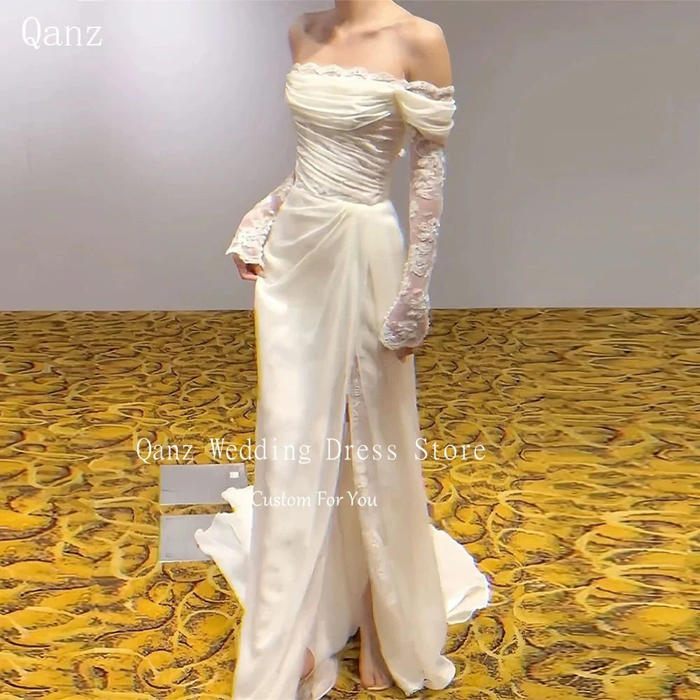 Qanz Boho ชุดแต่งงานปิดไหล่แขนยาวหรูหราชุด High Slit ลูกไม้ Appliques Mermaid ชุดเจ้าสาวที่กําหนดเอง