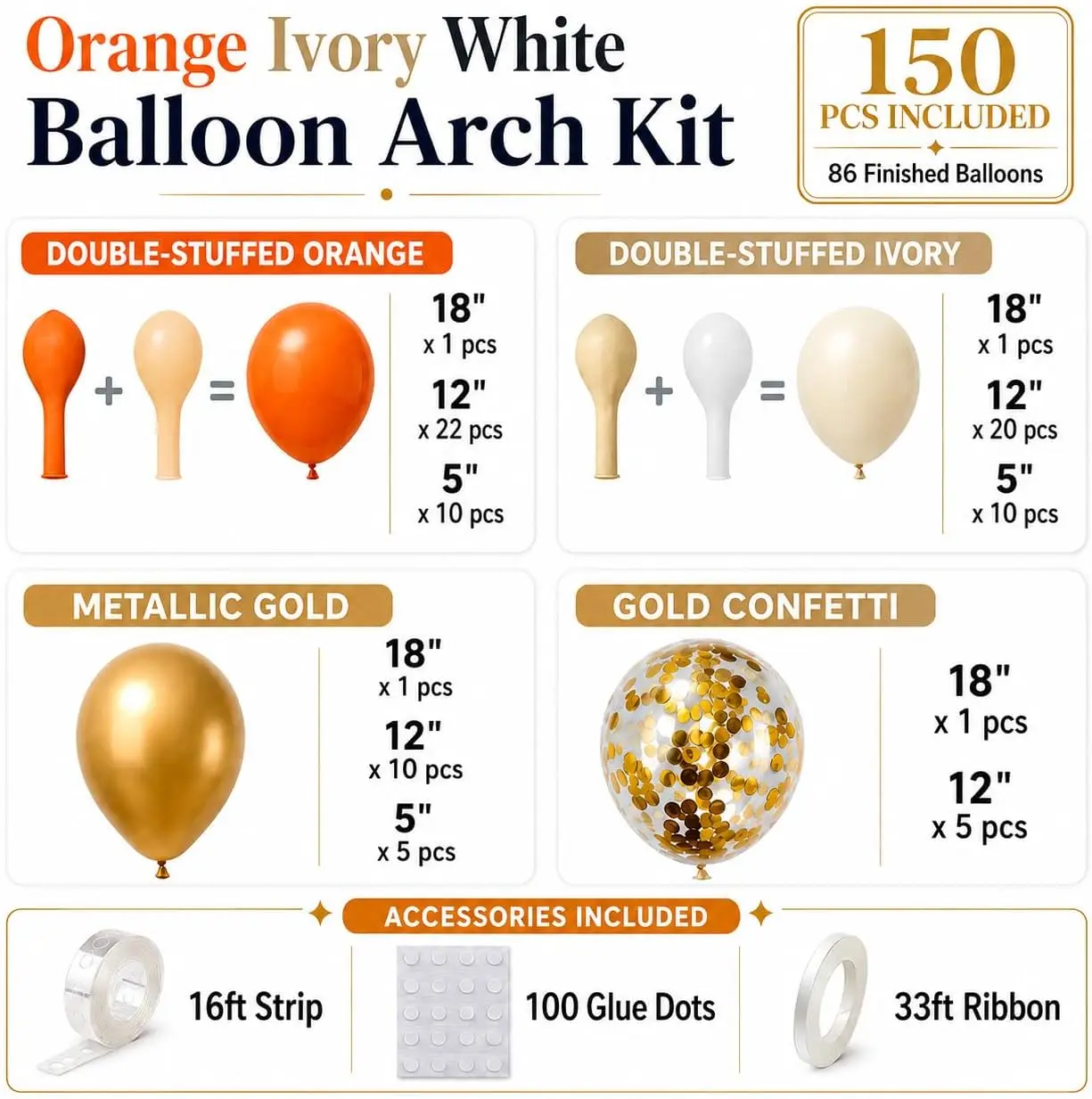 Double Stuffed Orange Balloon Arch Kit with Ivory & Metallic Gold – 150pcs Gold Confetti Garland 5/12/18 Inch for Fall, Halloween, Little Cutie Baby Shower, Wedding, Birthday Decorations