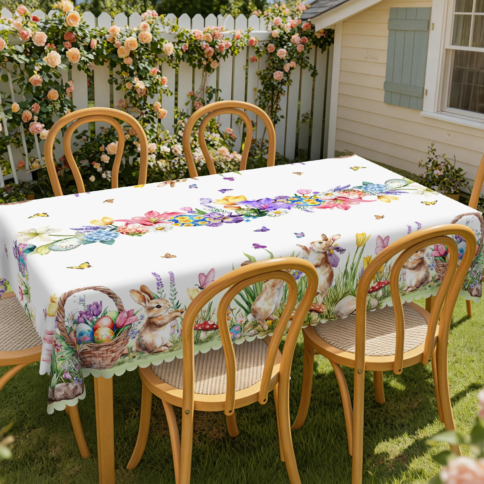 Spring Fairy Tale Themed Tablecloth, Featuring Delicate Daisies, Lilies, Hydrangeas and Other Flowers, Bright Easter Eggs, Mushrooms, Cute Rabbits, Butterfly Prints, Multiple Size Options, Embossed Edges, Waterproof, Wrinkle-Resistant, Fade-Resistant, Perfect Easter Gift for Family and Friends, Rectangular and Round Table Covers, Suitable for Home Kitchens, Rooms, Courtyards, Balconies, Picnics, Cafes, Restaurant Tables E012