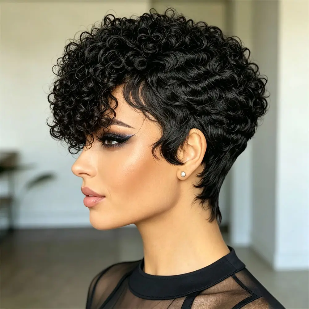 Pixie Cut Curly Human Hair Wig Black Short Wigs for Women Natural Looking Full Machine Made for Daily Use Easy to Wear and Style