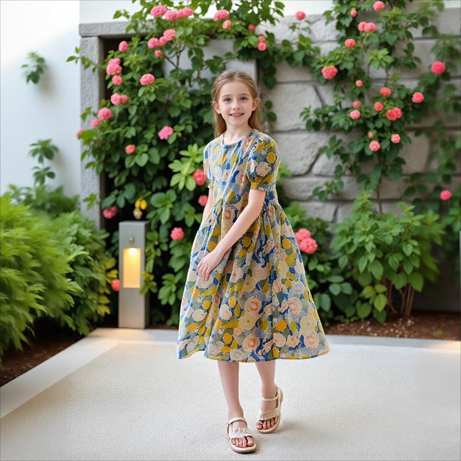 2026 Girls Elegant Sweet Dress Puff Sleeve Teenage Fresh Style Summer French Floral Slimming Princess Dresses Children Clothes