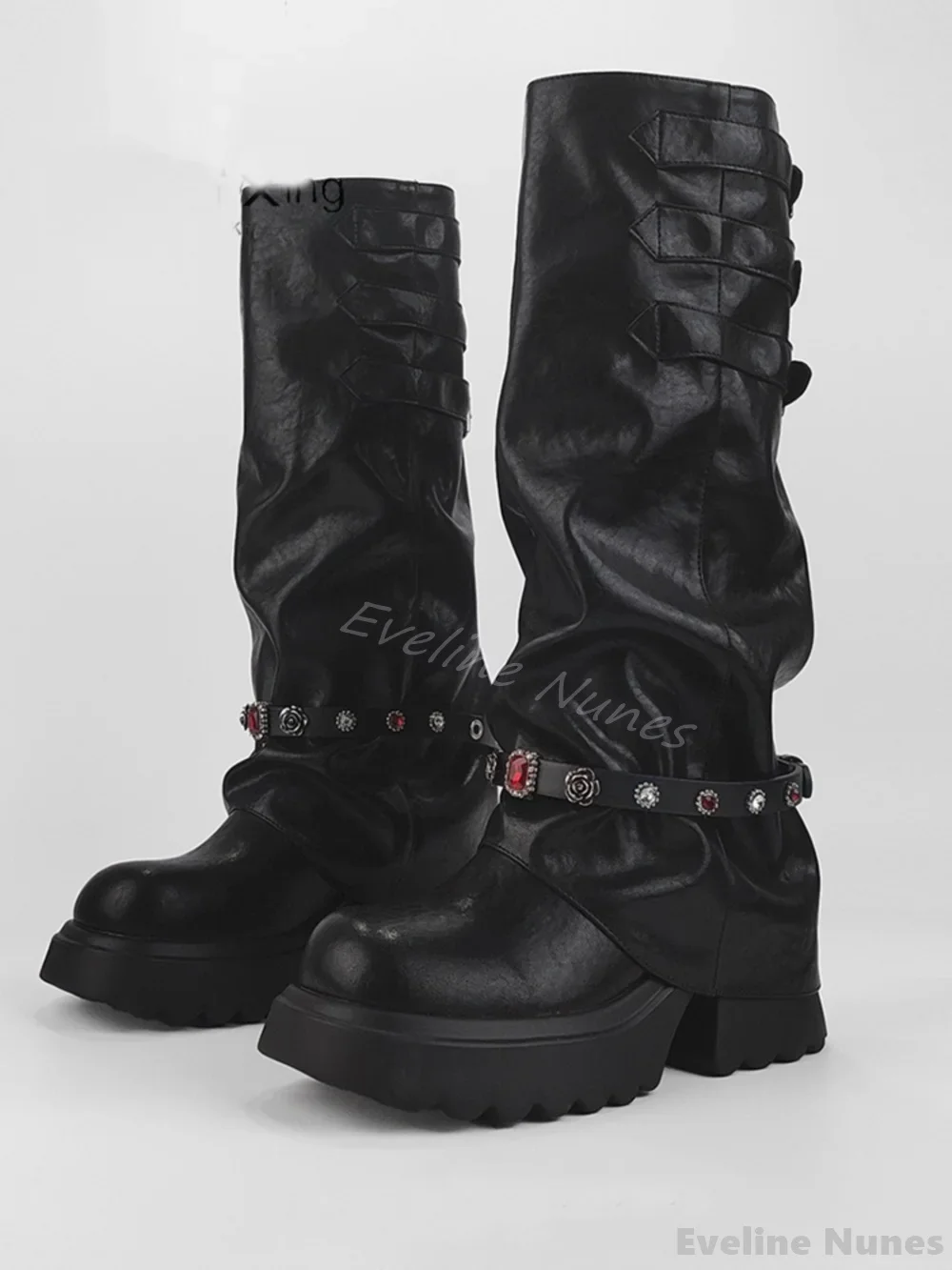

Shiny Crystal Belt Buckle Trouser Boots Women Round Toe Pleated Platform Genuine Leather Knee High Boots 2024 Slip On Long Boots