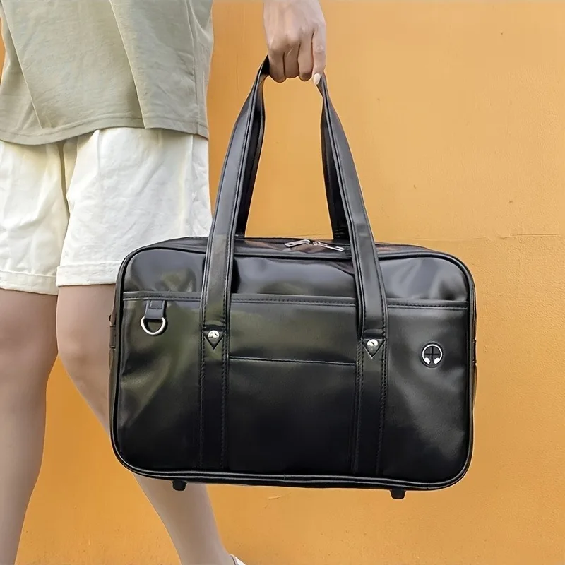 Japanese Student Handbag, Solid Color Uniform Commuting Briefcase, Zipper Closure, Leather Women's Shoulder Bags