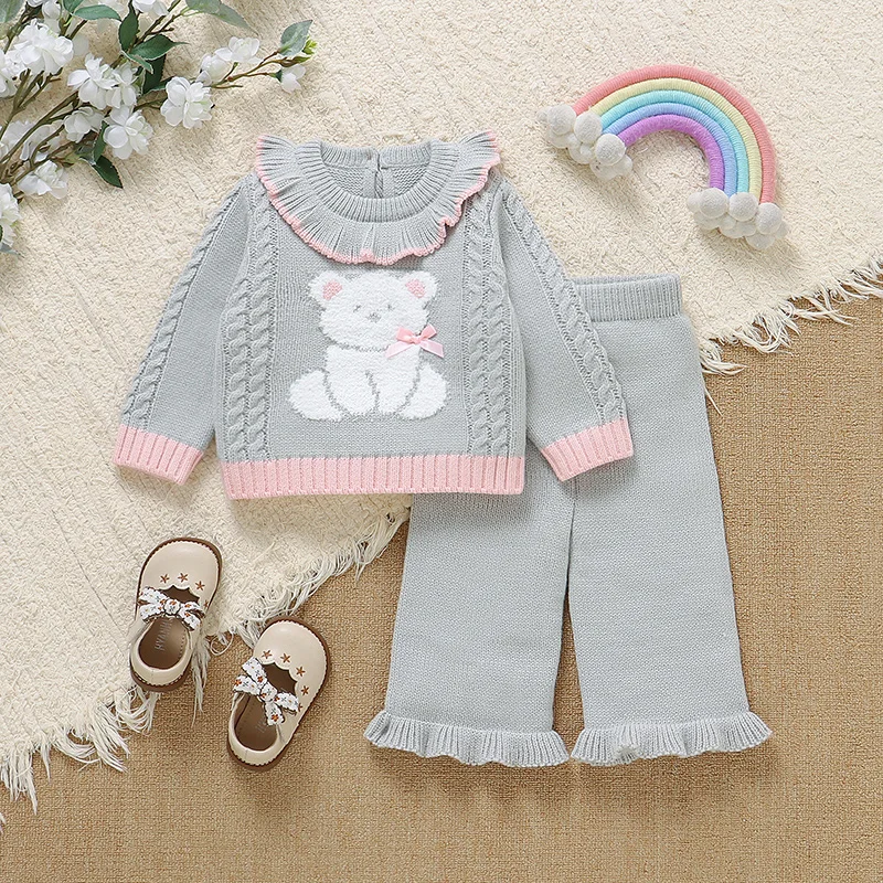 Baby Clothes Set Cute Cartoon Bear Newborn Girl Pullover Trousers 6M-3Y Knit Infant Sweater Long Sleeve Pants Fashion Ruffle 2PC