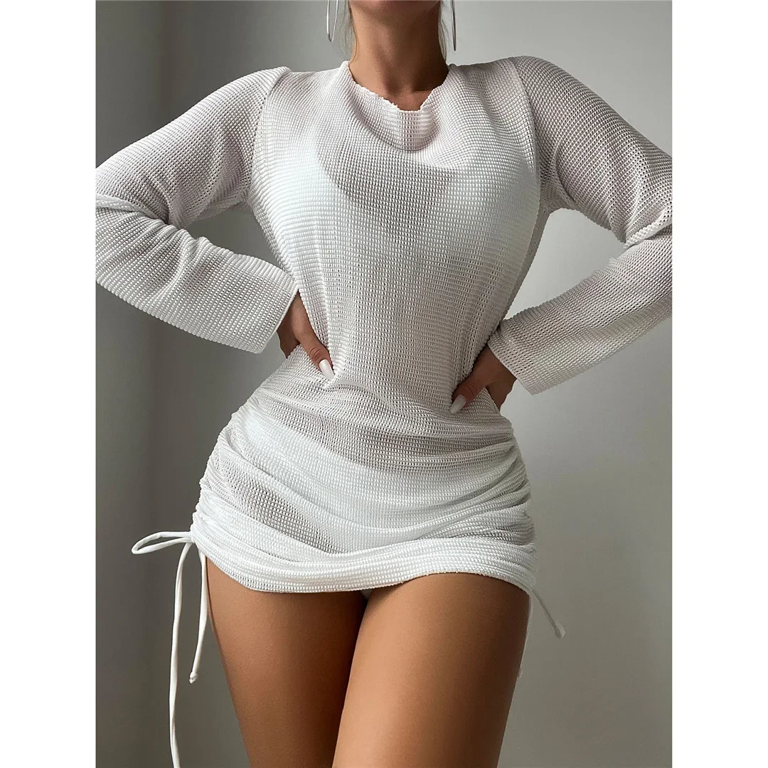 S - XL Long Sleeve Backless Crochet Knitted Tunic Beach Cover Up Cover-ups Beach Dress Beach Wear Beachwear Female Women V5038