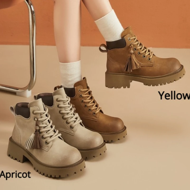 

Женские ботинки до середины икры в ретро-стиле, на плоской подошве, со шнуровкой, прочные, высококачественные, модные, универсальные, подходят для повседневной носки.