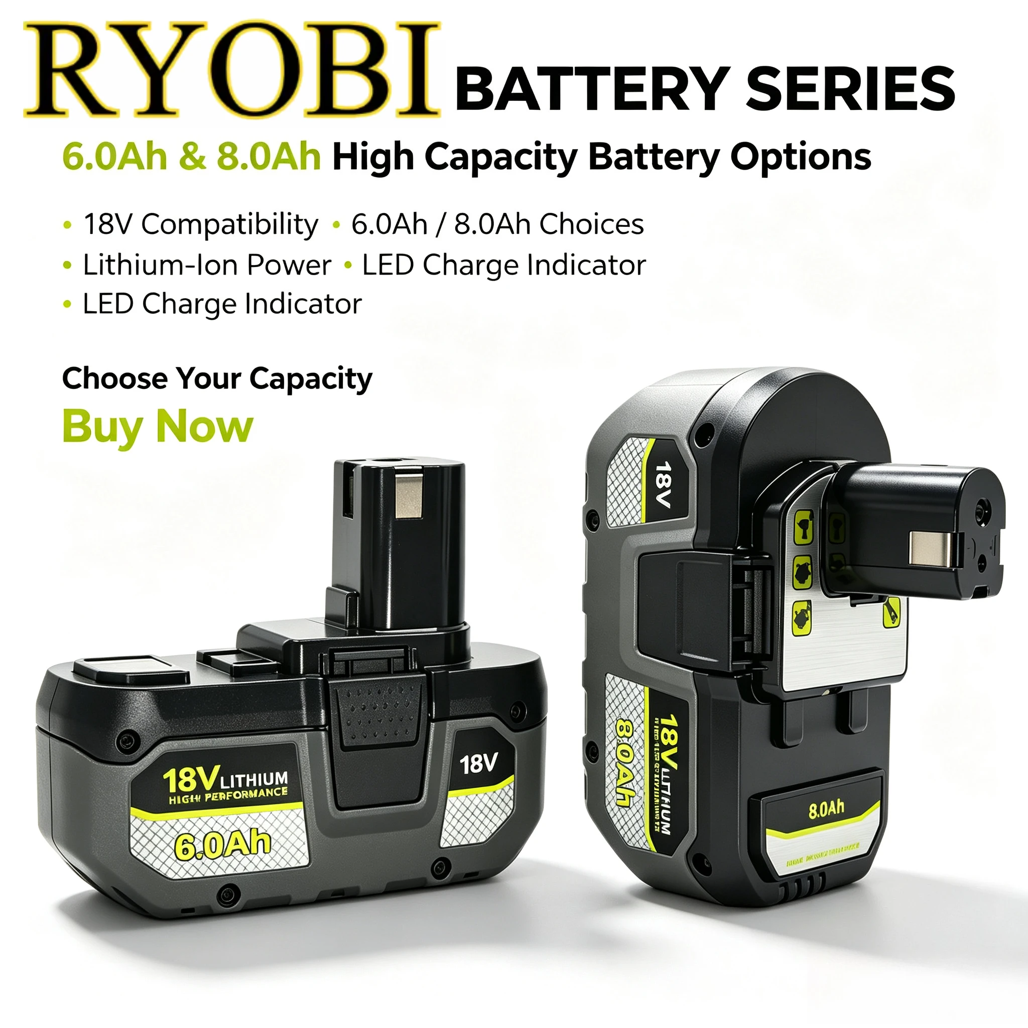 Ryobi 18V Battery 8.0Ah RB1860 Upgraded Lithium‑ion Fit Ryobi One+ Cordless Saw Grinder Impact Wrench Spare Replacement Tools