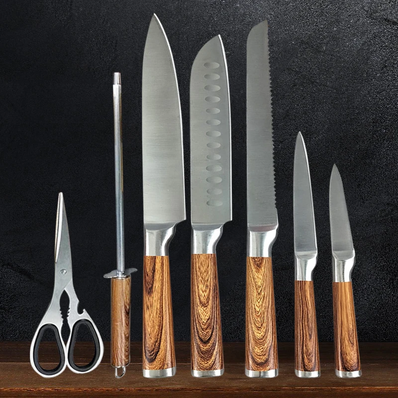 7pcs Stainless Steel Knife Set Butcher's Chef Boning Santoku Knife Meat Fish Cleaver Kitchen Scissors Sharpener Cutting Tools