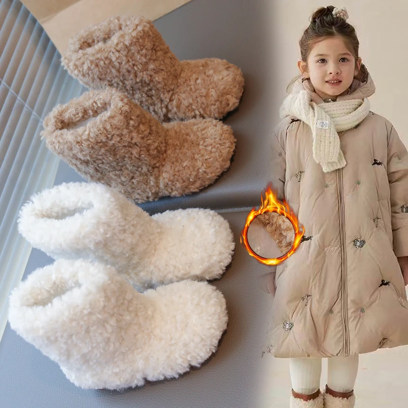 

Теплые пушистые ботинки для девочек, новинка 2025 года, зимние ботинки на теплой подкладке для малышей, нескользящие простые детские школьные зимние ботинки на мягкой подошве