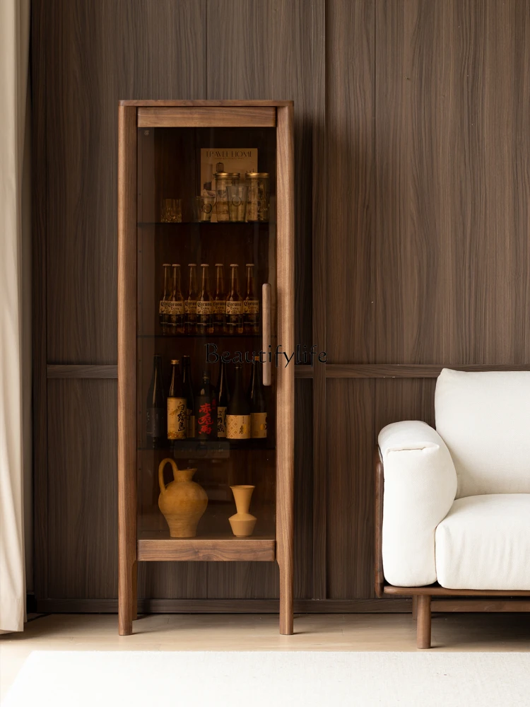 

North American black walnut all solid wood glass door wine cabinet simple now storage bookcase