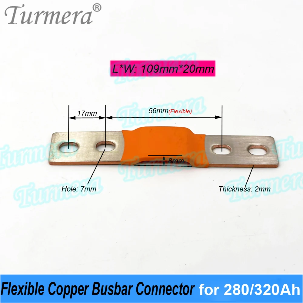 Turmera 12V Lifepo4 baterai fleksibel tembaga bustang konektor lubang ke lubang 56mm 90mm 2mm 400A untuk 280Ah 320Ah Lifepo4 penggunaan baterai