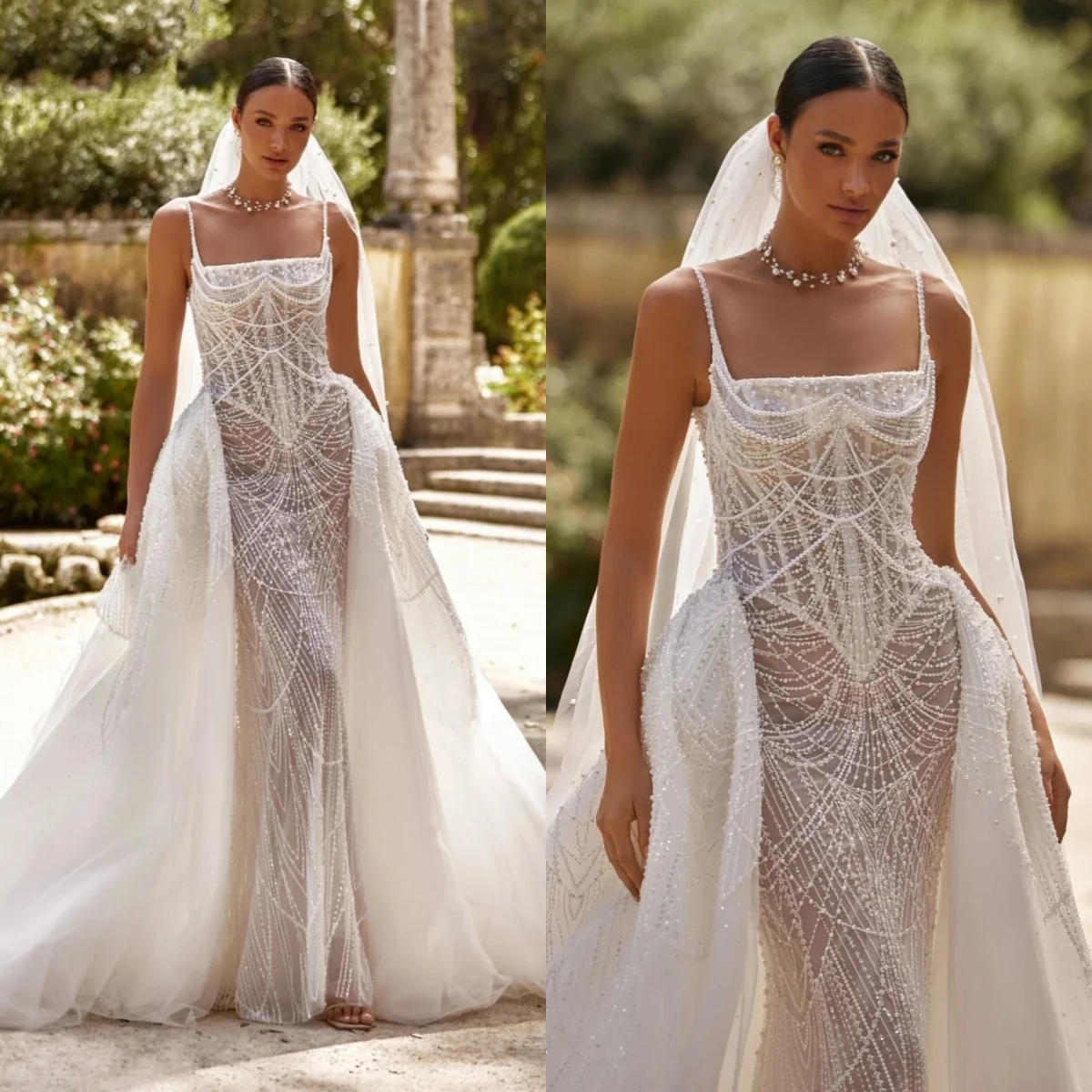 

Luxury Spaghetti Straps Pearls Wedding Dress Elegant Sleeveless Beads Bridal Dress Detachable Train Customized vestidos de novia