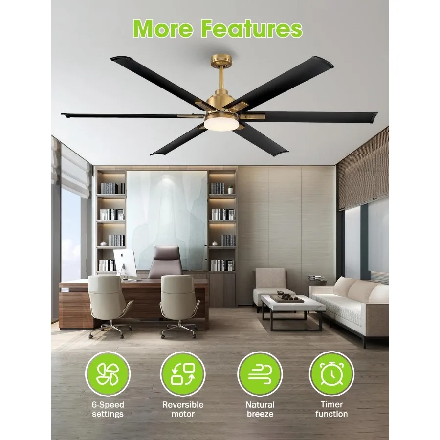 مروحة سقف بمحرك تيار مستمر 72 بوصة مع ضوء LED متكامل 6 شفرات ألومنيوم سوداء عملية التحكم عن بعد تدفق هواء عكسي